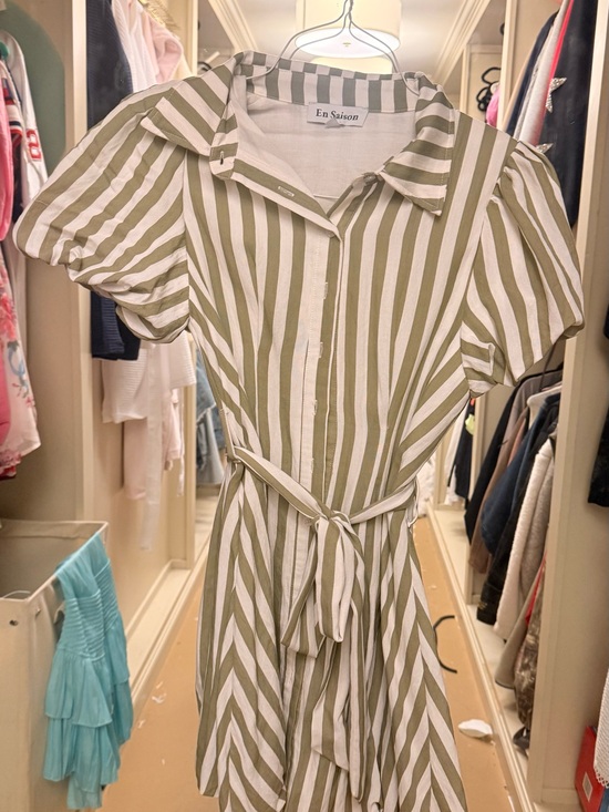 En Saison Dresses & Skirts - En Saison Olive & White Striped Tie-Waist Shirt Dress
